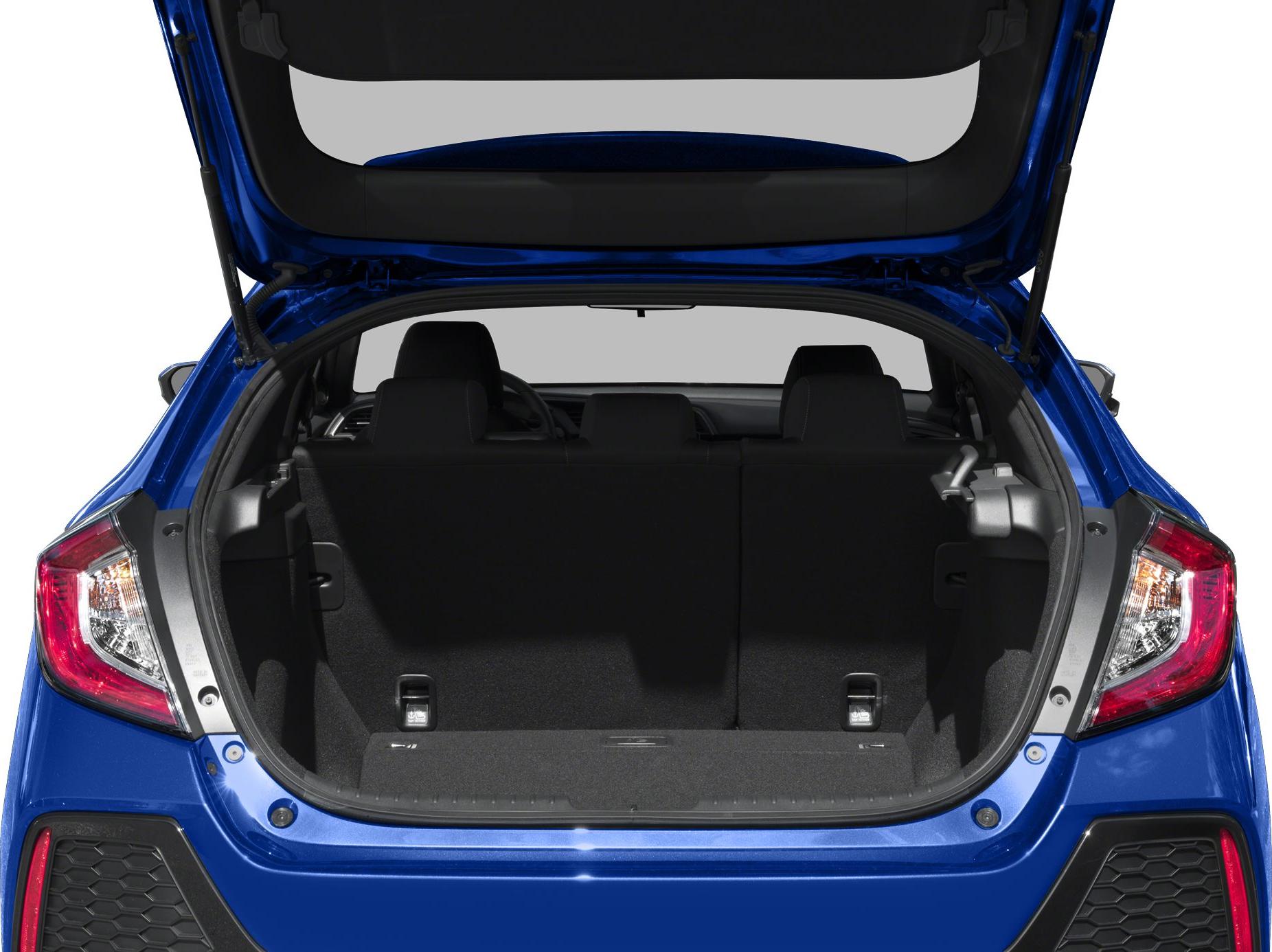 Spacious open trunk with rear hatch in blue hatchback
