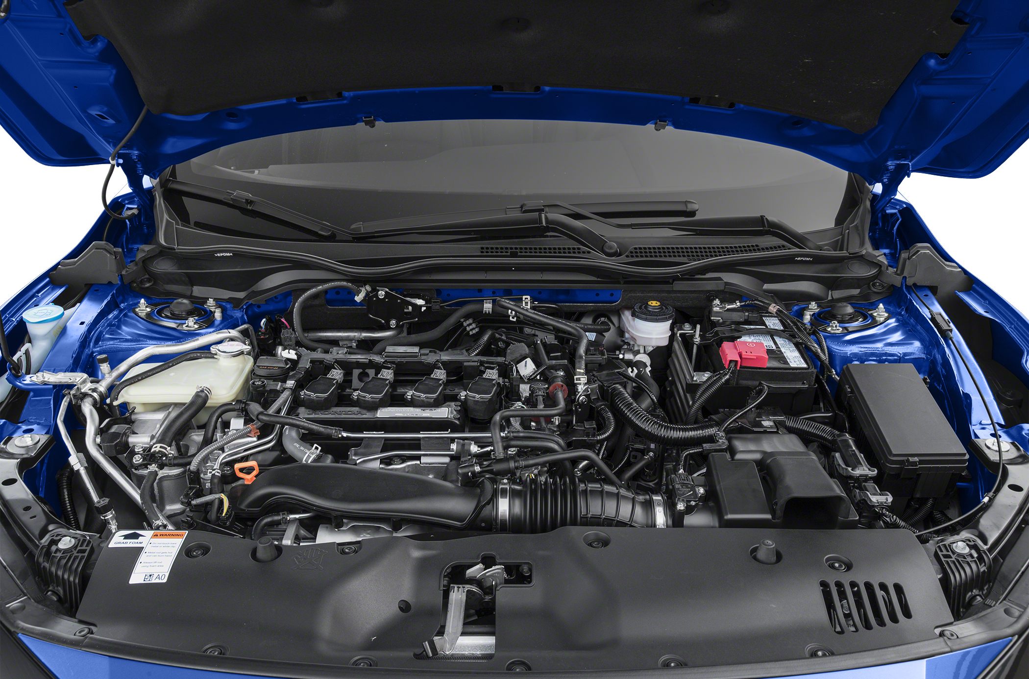 Engine bay with detailed components and layout