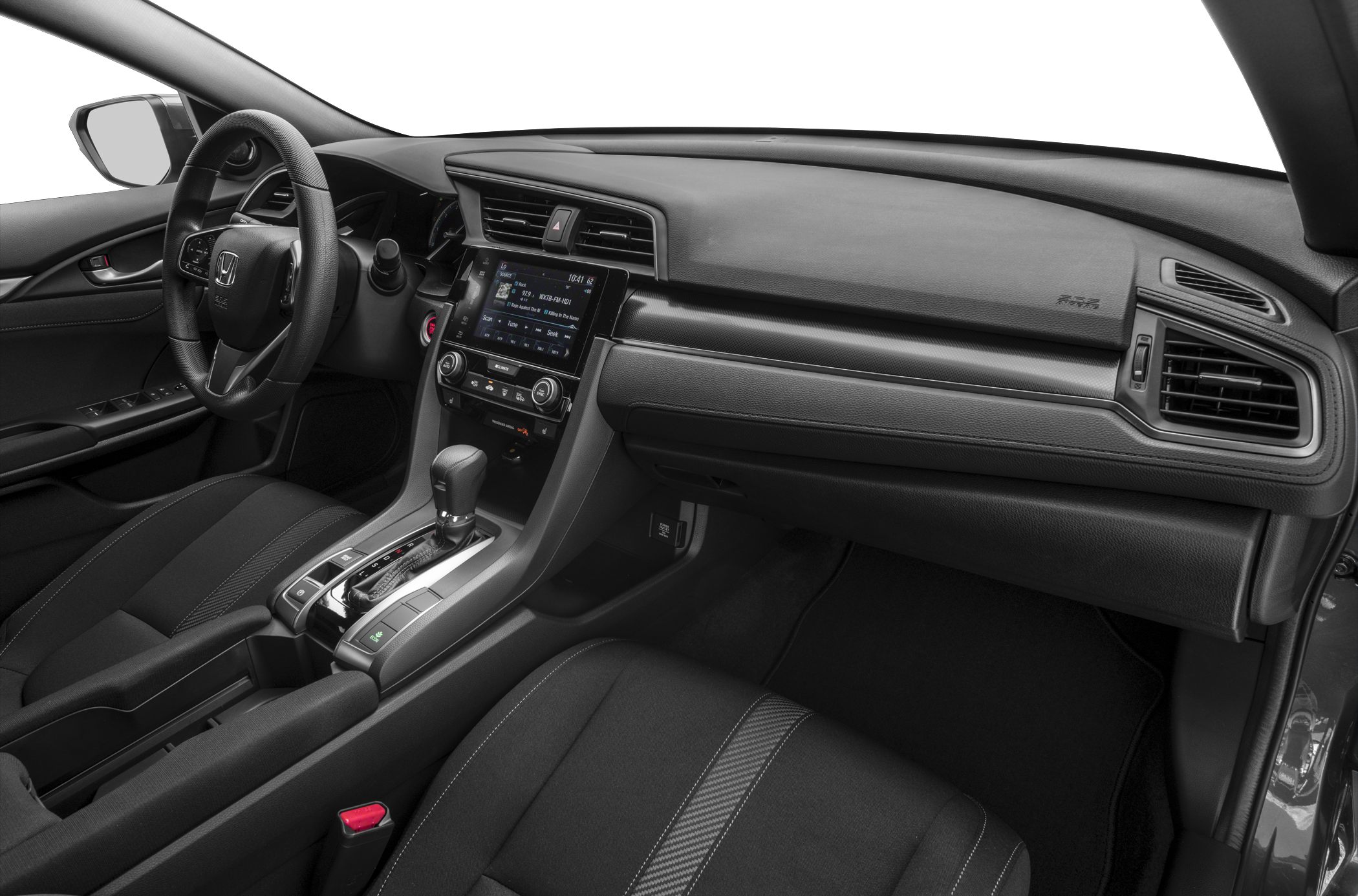 Sleek modern car interior with dashboard, infotainment screen, and automatic gear shifter