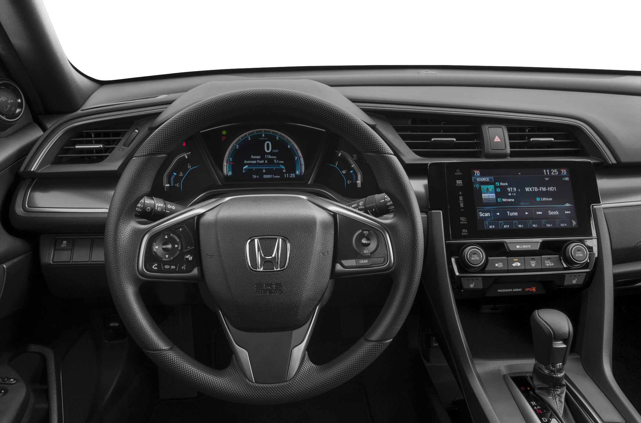 Modern digital dashboard with infotainment system and steering wheel controls