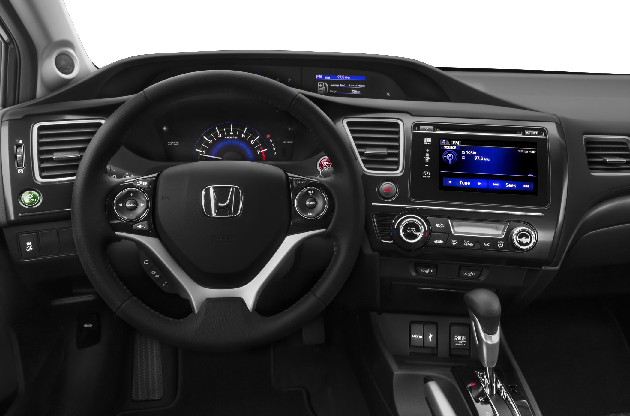 Steering wheel with controls, digital instrument cluster, infotainment and climate control panels.
