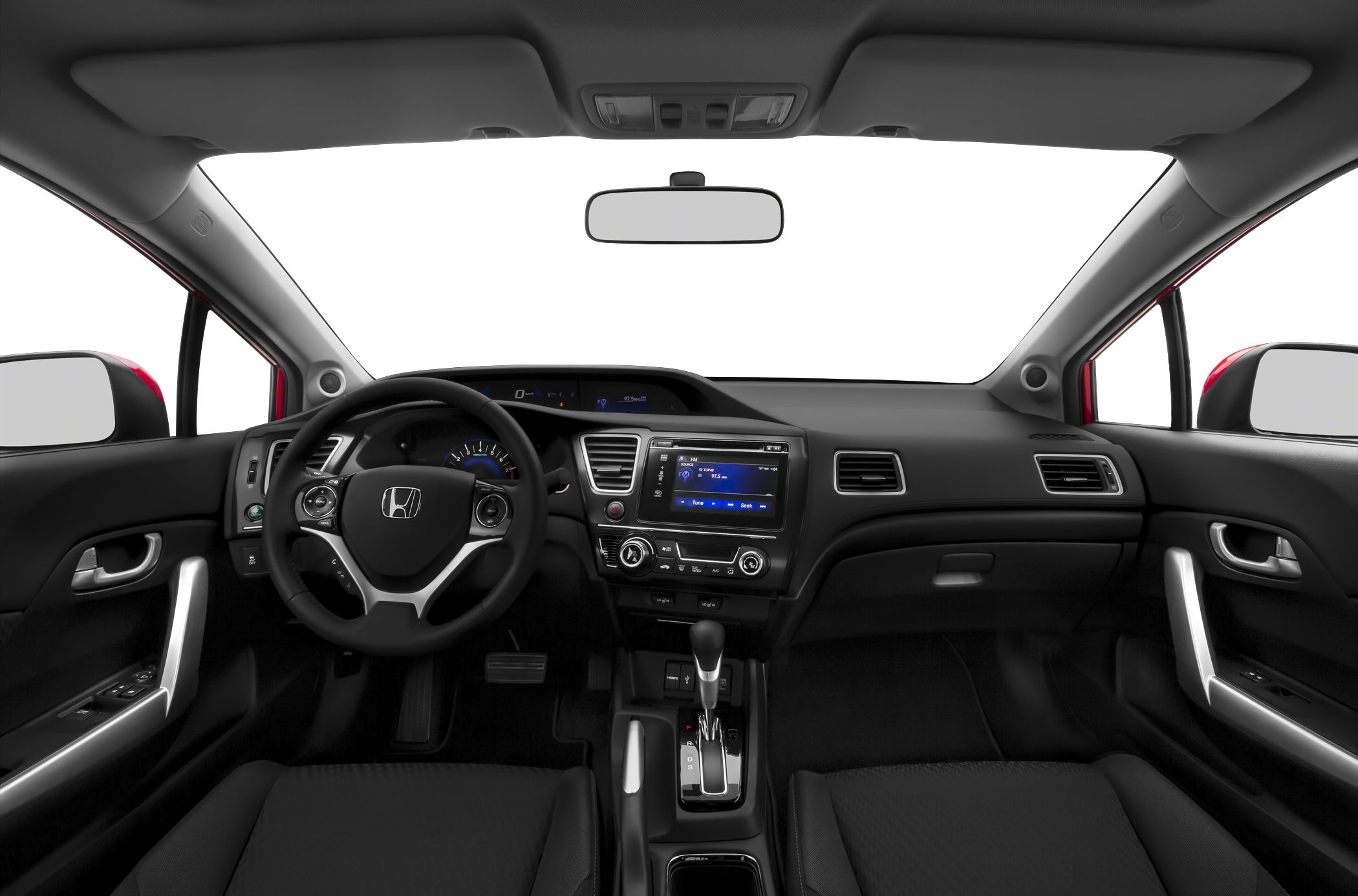 Modern car interior with dashboard and steering wheel controls
