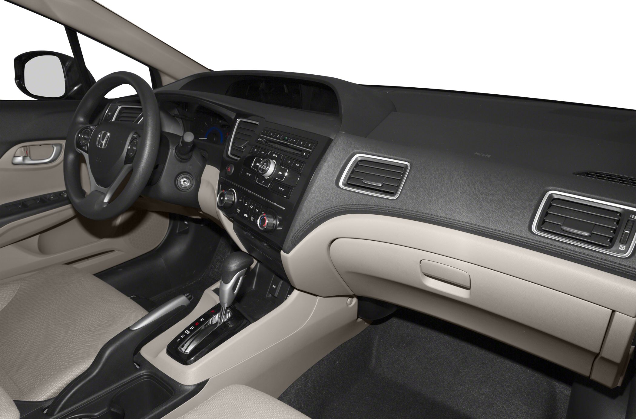 Interior dashboard, steering wheel, center console with gear shift