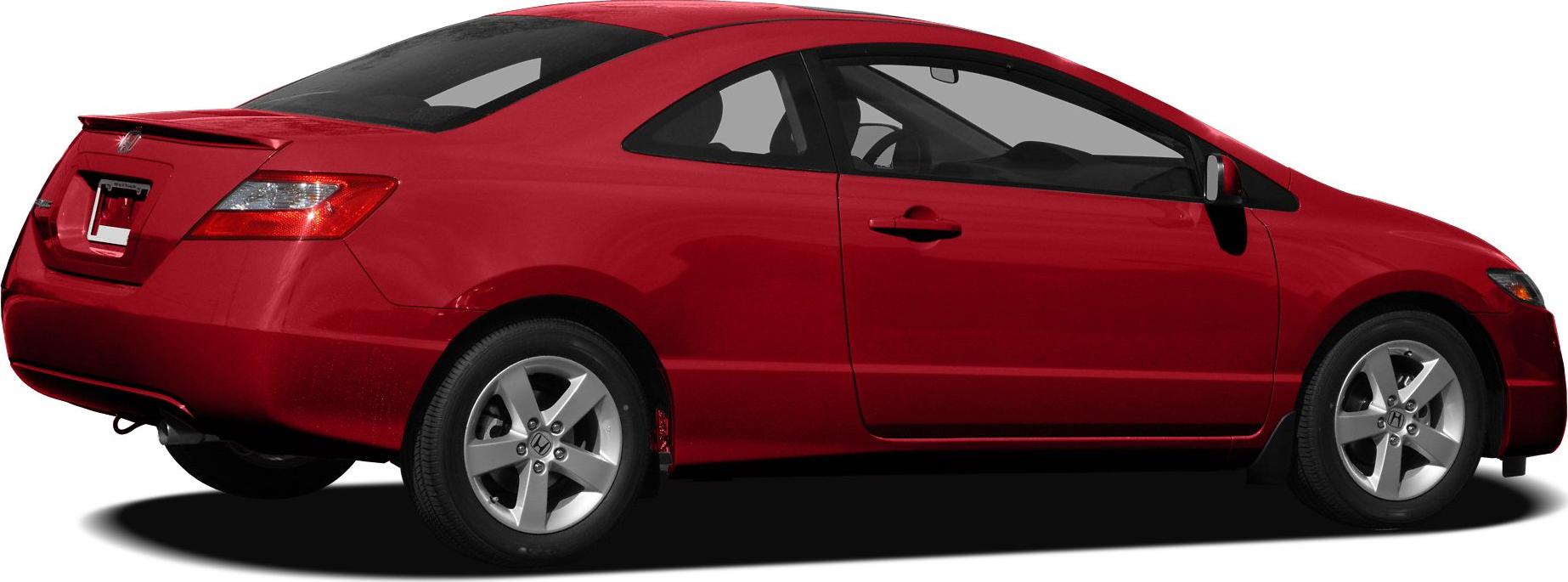 Red compact coupe with rear spoiler and alloy wheels