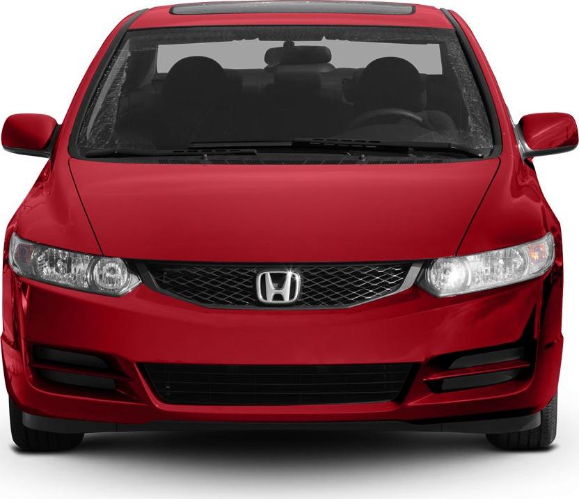 Front view of a red coupe with distinct grille and headlights