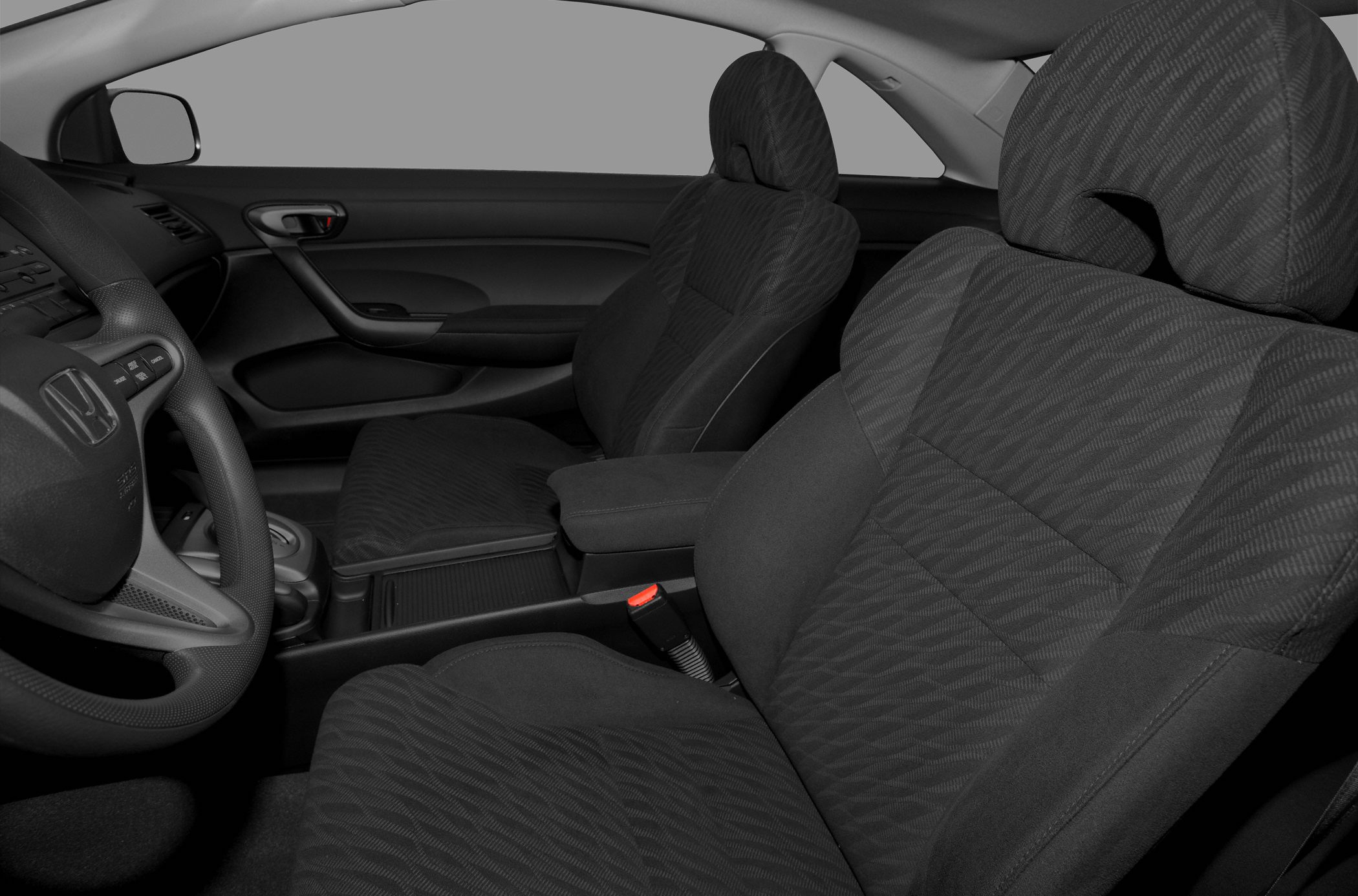 Front fabric seats and steering wheel interior view