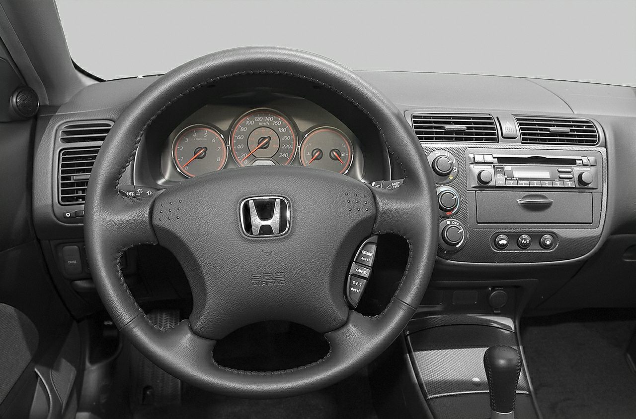 Steering wheel, dashboard, and interior controls of a car