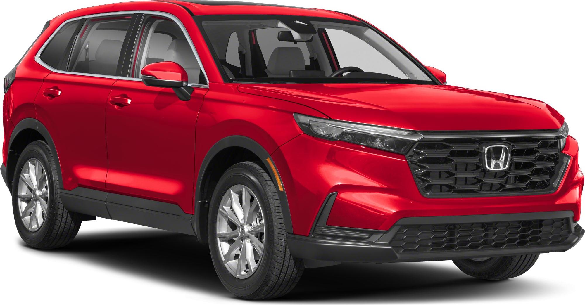 Red SUV front-side with angular headlights and black grille