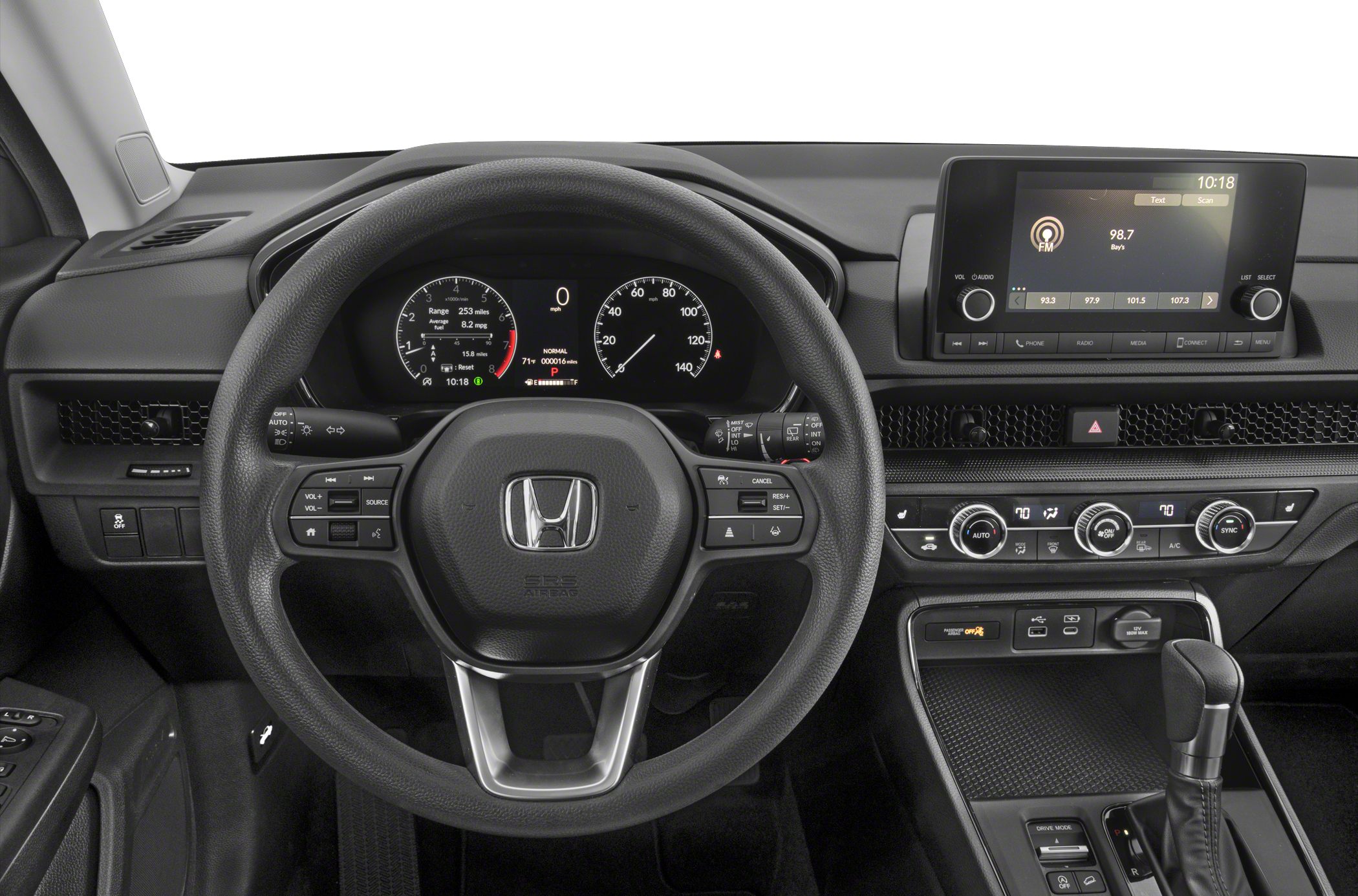 Steering wheel, digital instrument cluster, infotainment screen, climate controls