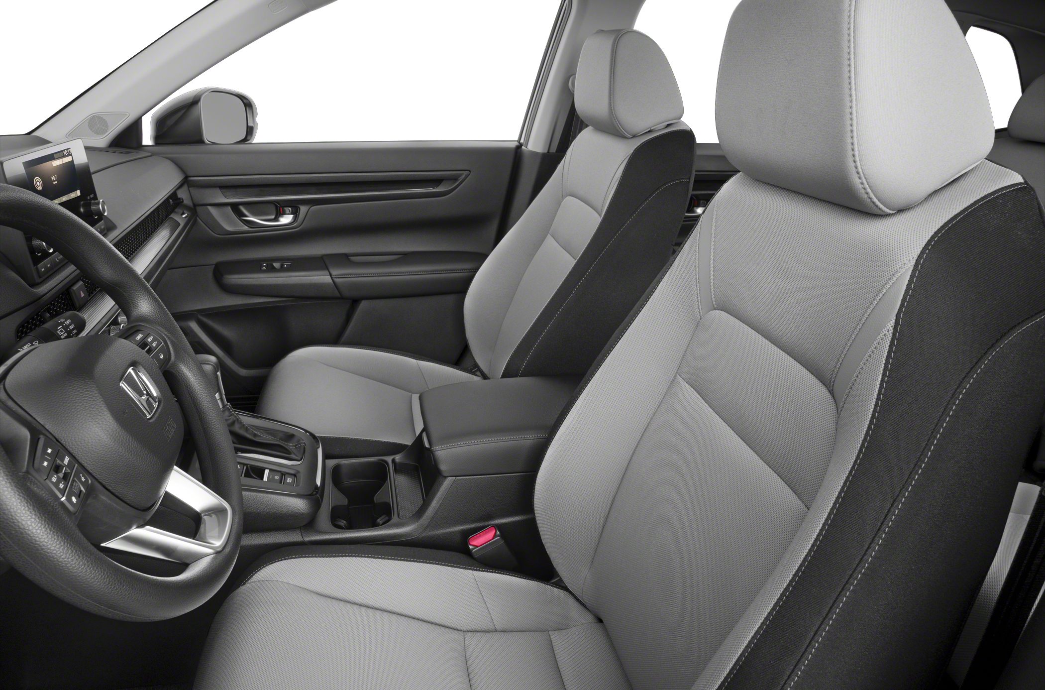 Front seats and dashboard interior view with steering wheel and center console
