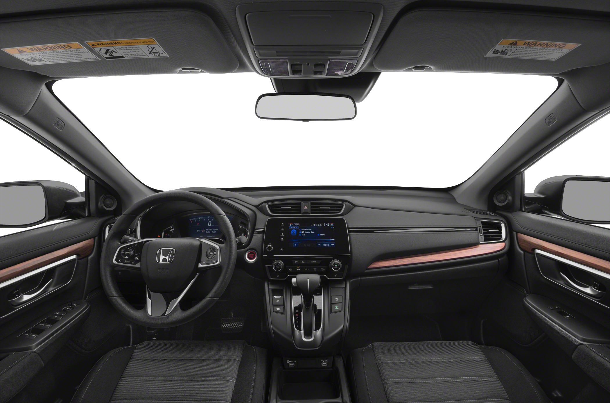 Modern car interior with dashboard, touchscreen, and steering wheel