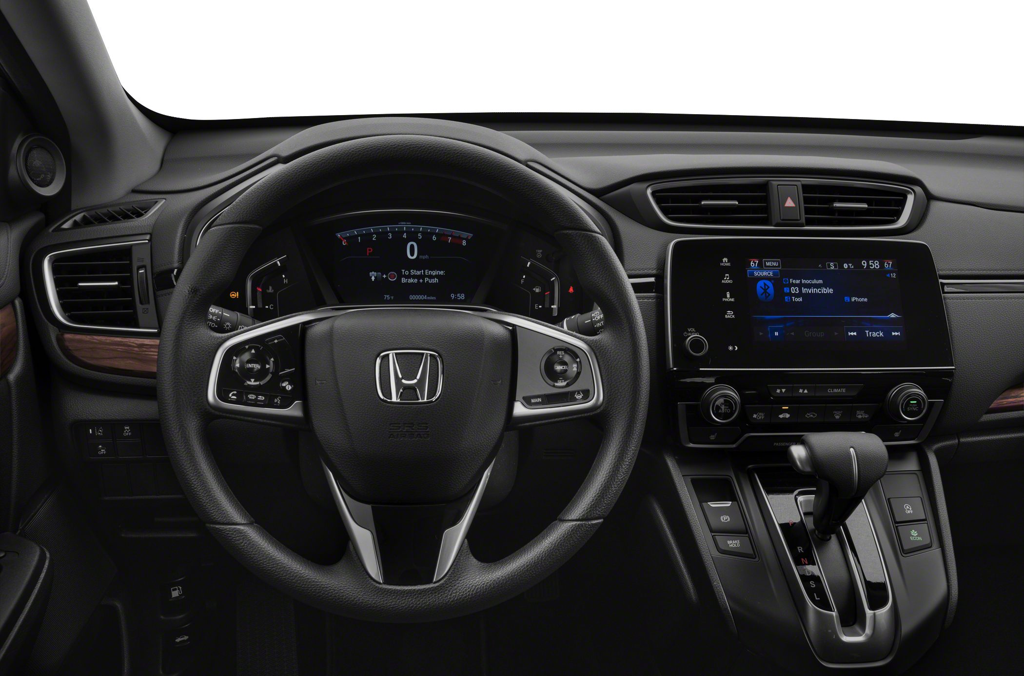 Dashboard with steering wheel, digital gauges, infotainment screen, and gear shifter