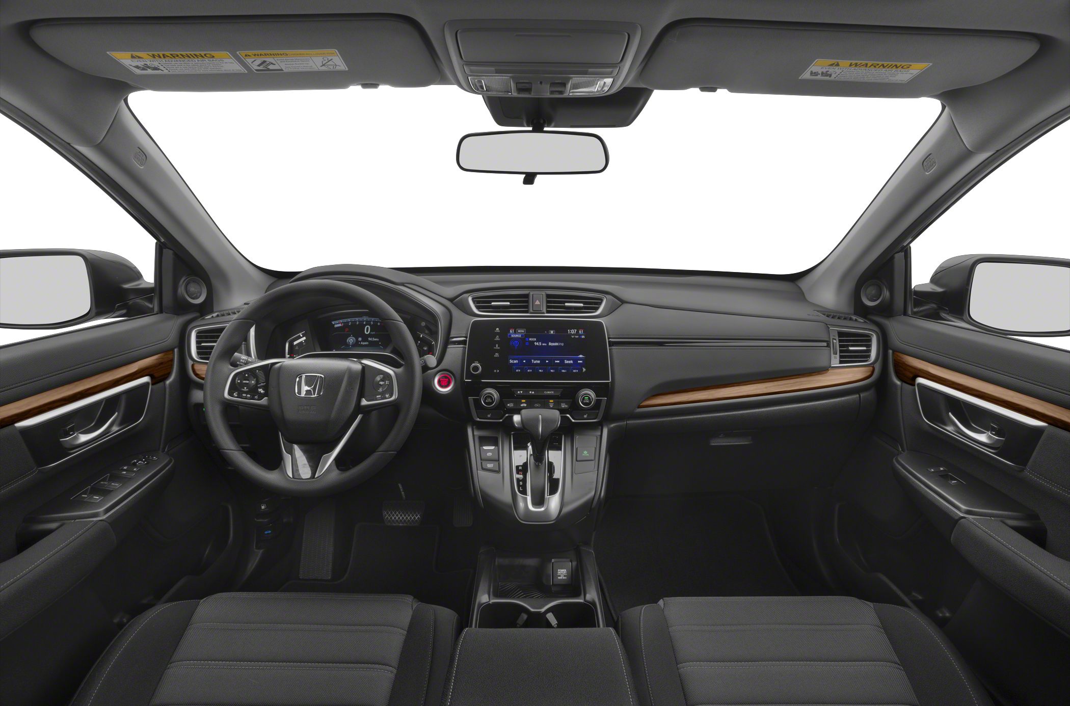 Dashboard, steering wheel, infotainment system, wood trim