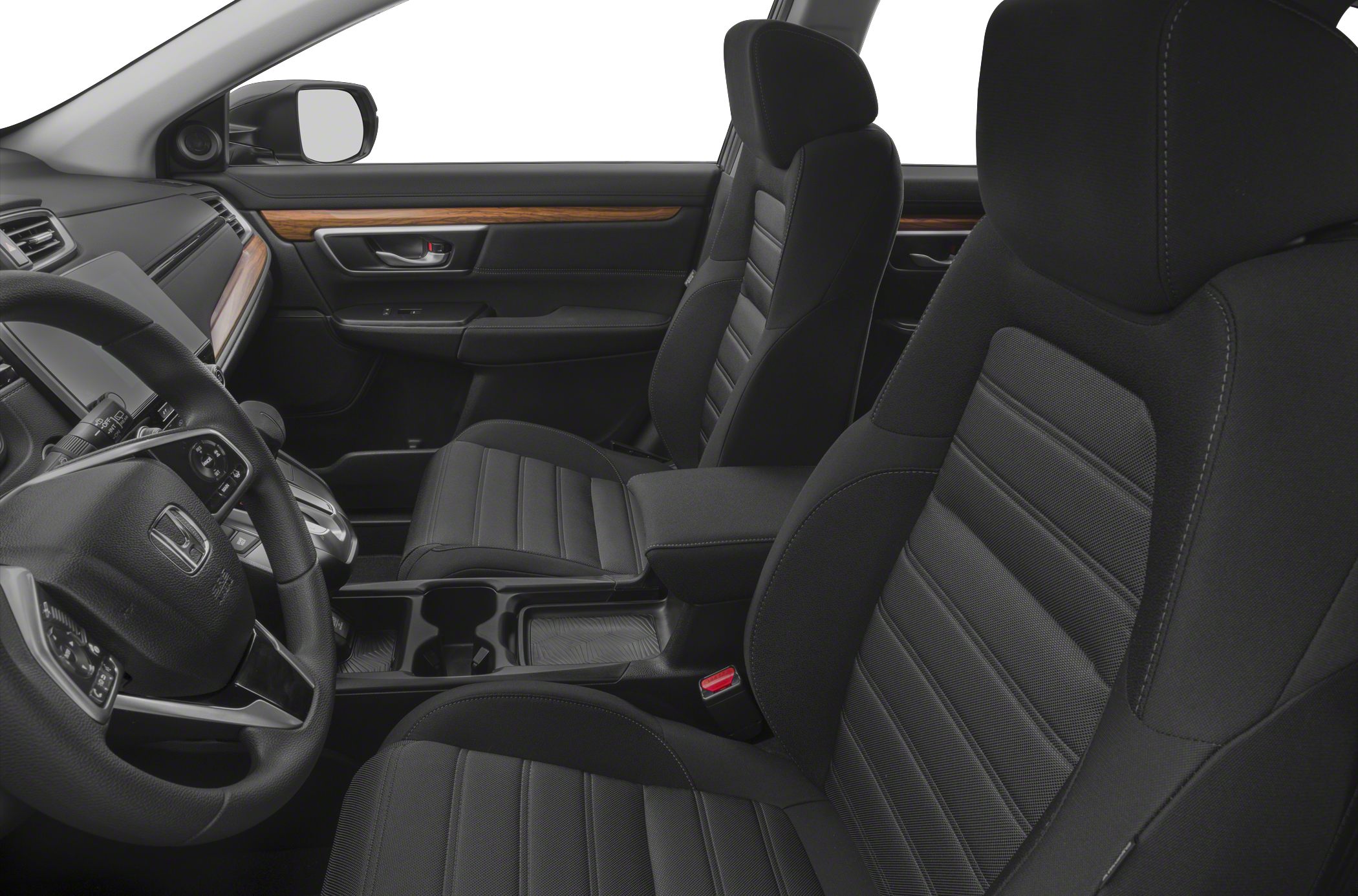 Black fabric front seats and wood trim interior with steering wheel and center console.