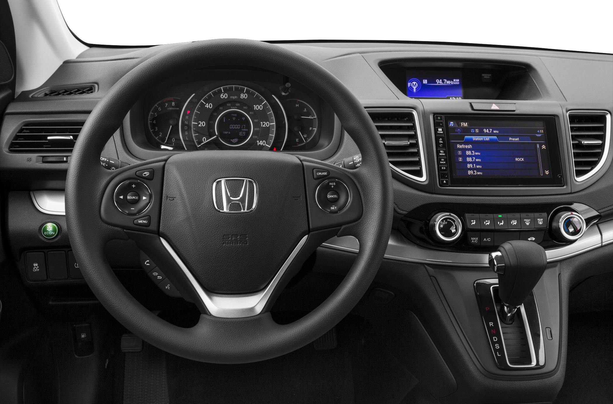 Steering wheel with controls, dashboard, and infotainment screen