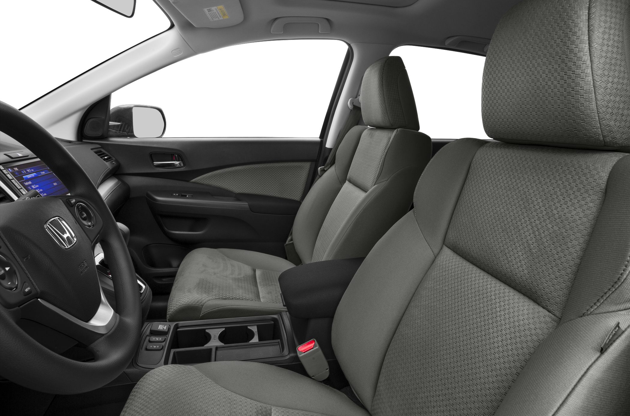 Front seats and dashboard of a modern car interior.