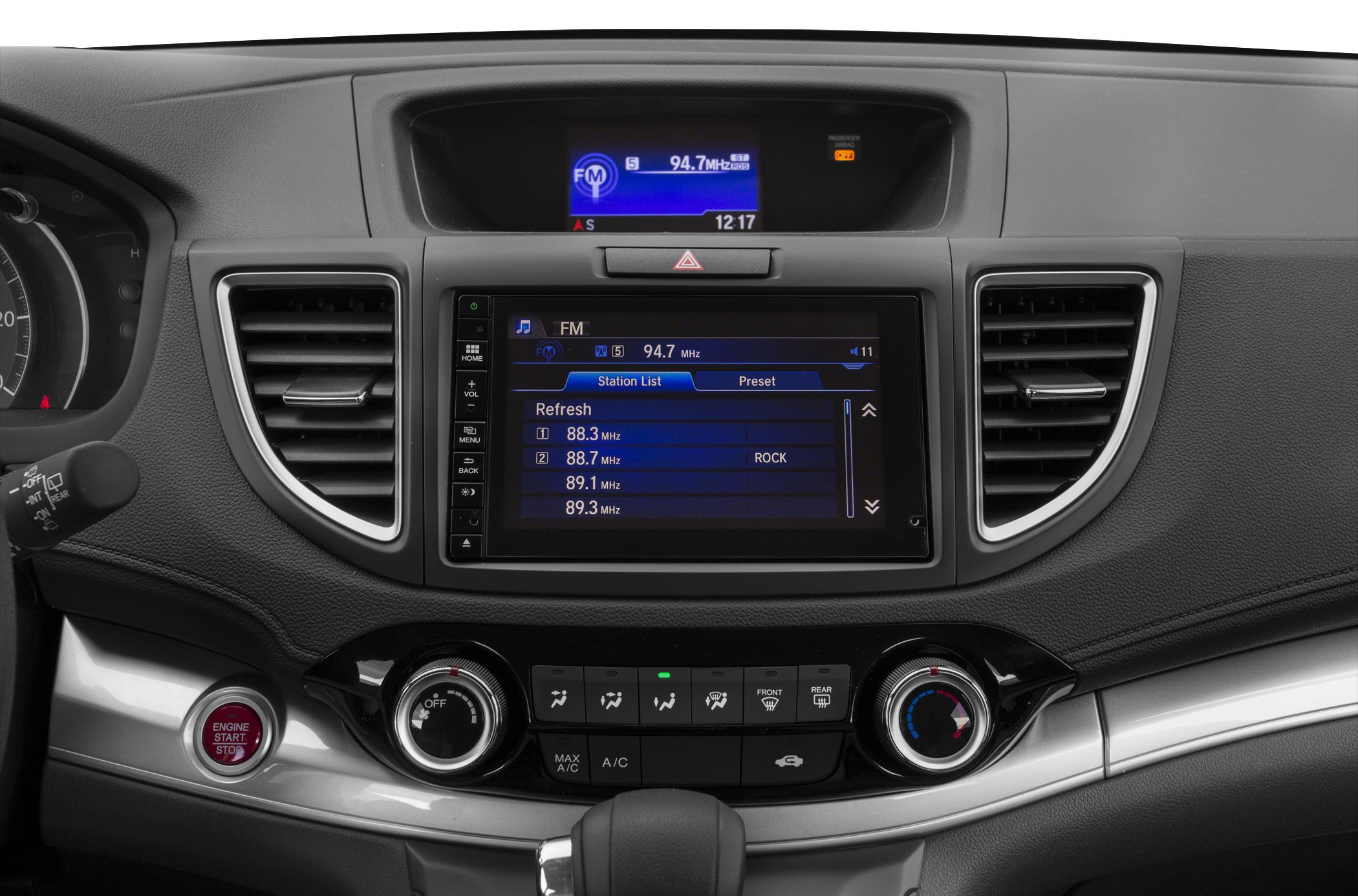 Center dashboard with infotainment screen, climate controls, engine start button