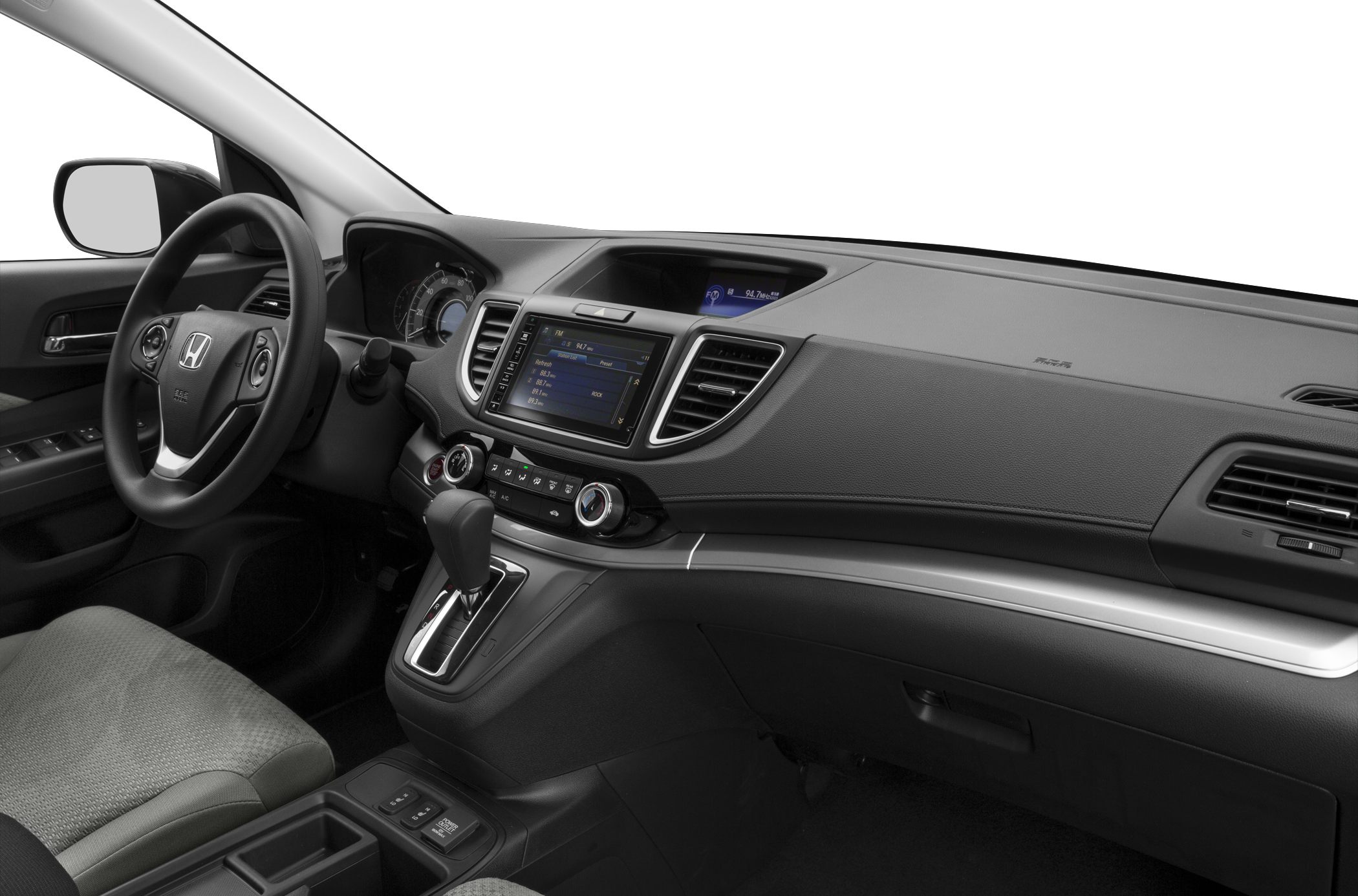 Dashboard, steering wheel, infotainment system, center console, and gear shifter