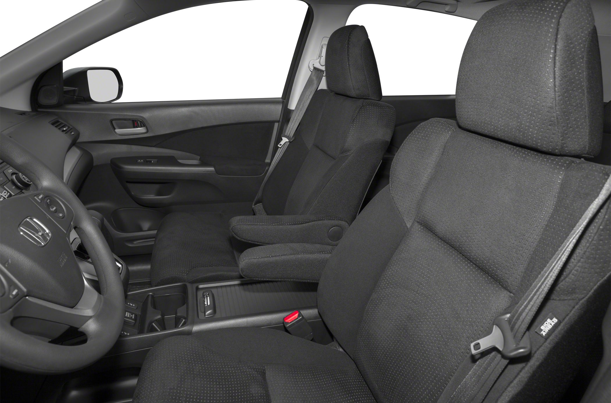 Front interior with seats, steering wheel, and door panel
