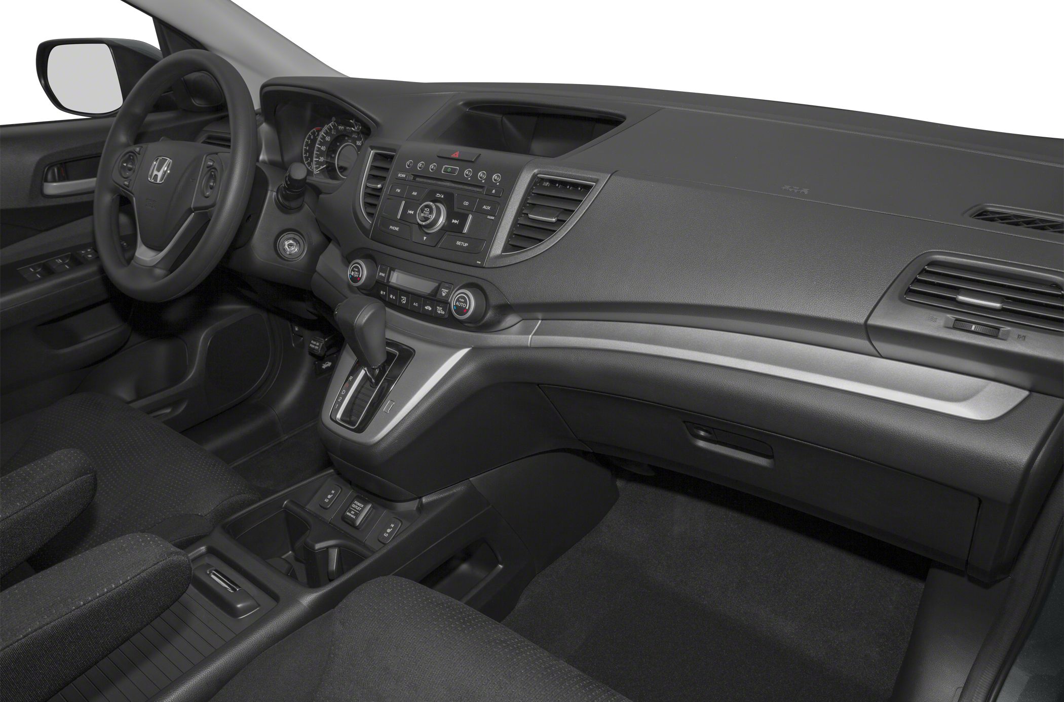 Dashboard and center console with steering wheel and gear shifter