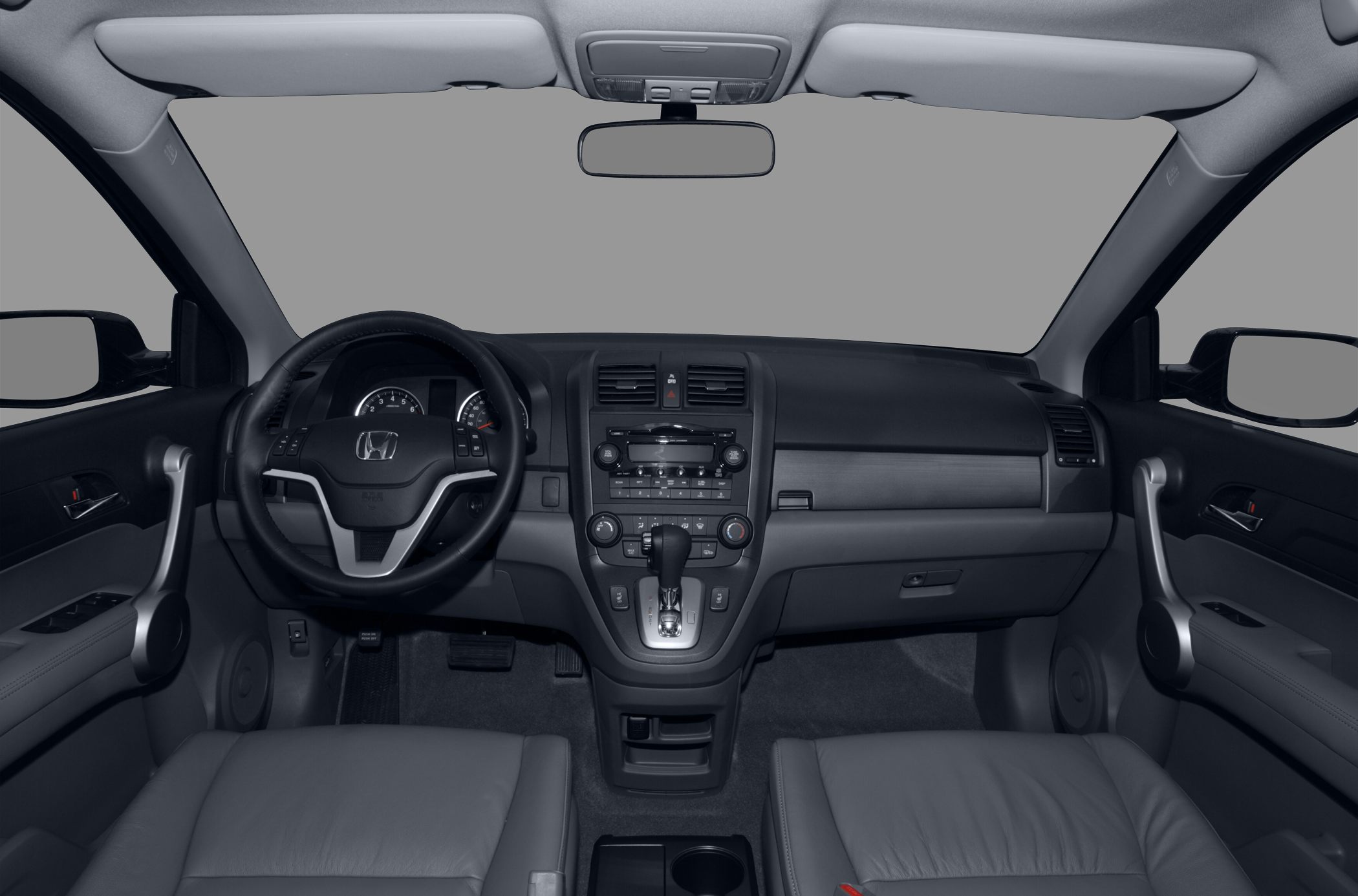 Car interior with dashboard and multifunction steering wheel
