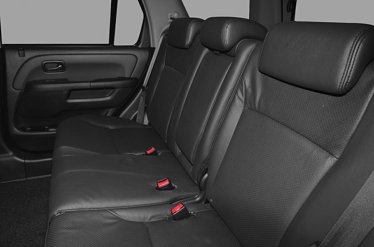 Black leather rear seats with seatbelt buckles and door panel.