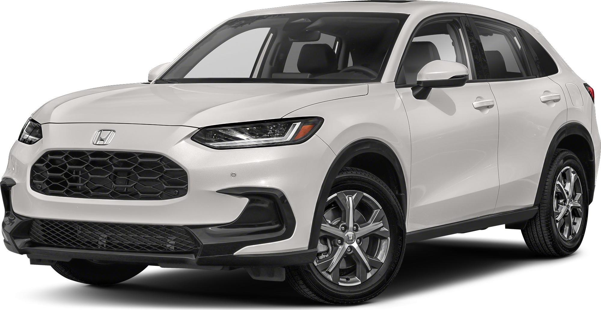 Hexagonal front grille and LED headlights in white SUV front three-quarter view