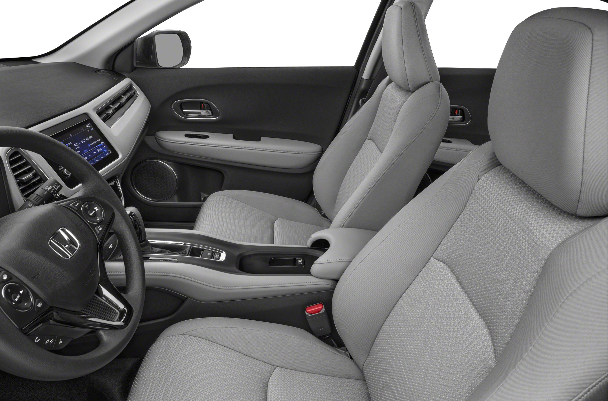 Front seats and dashboard interior design with steering wheel and center console