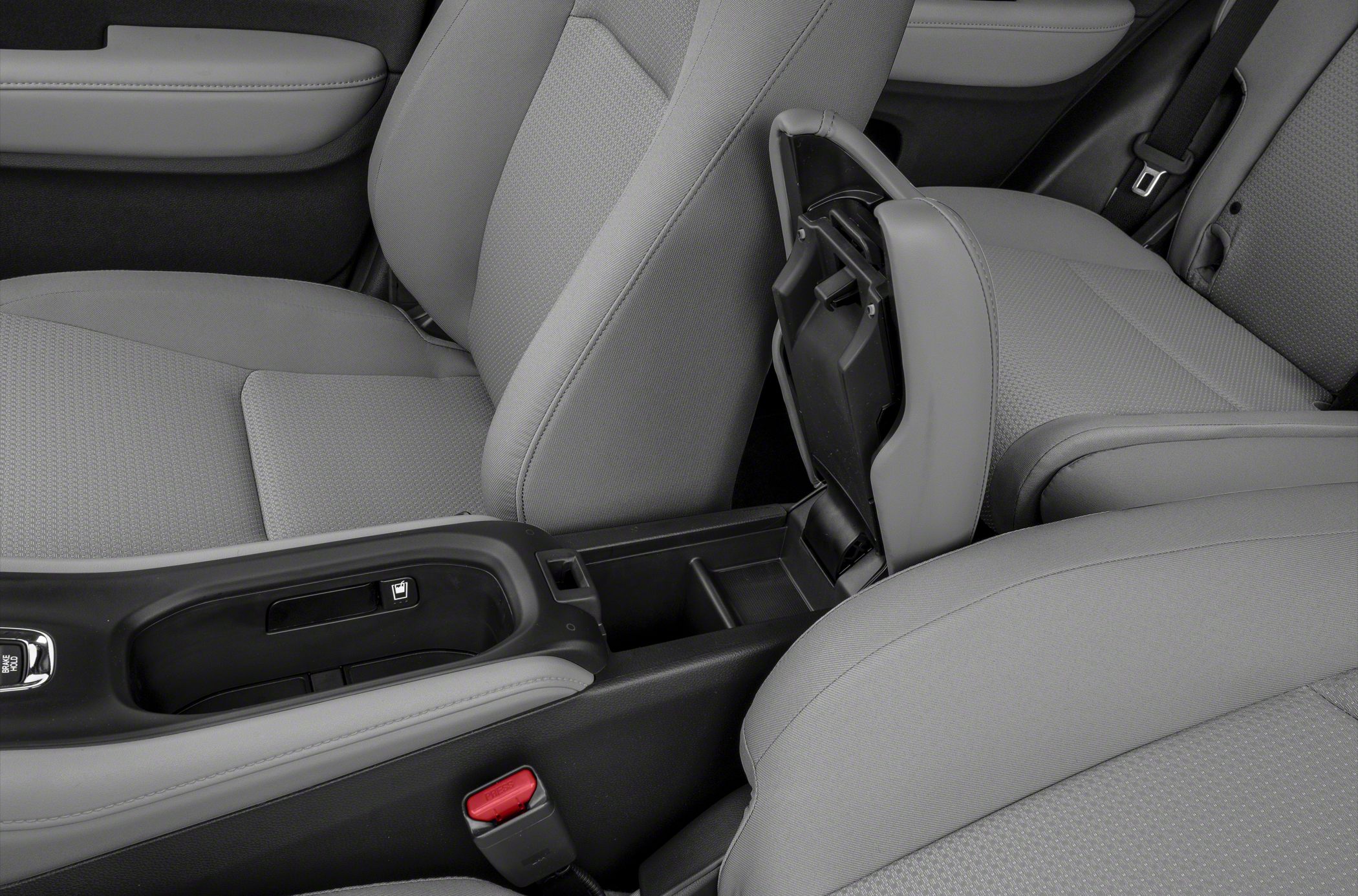 Center console storage with open armrest and front seats upholstery