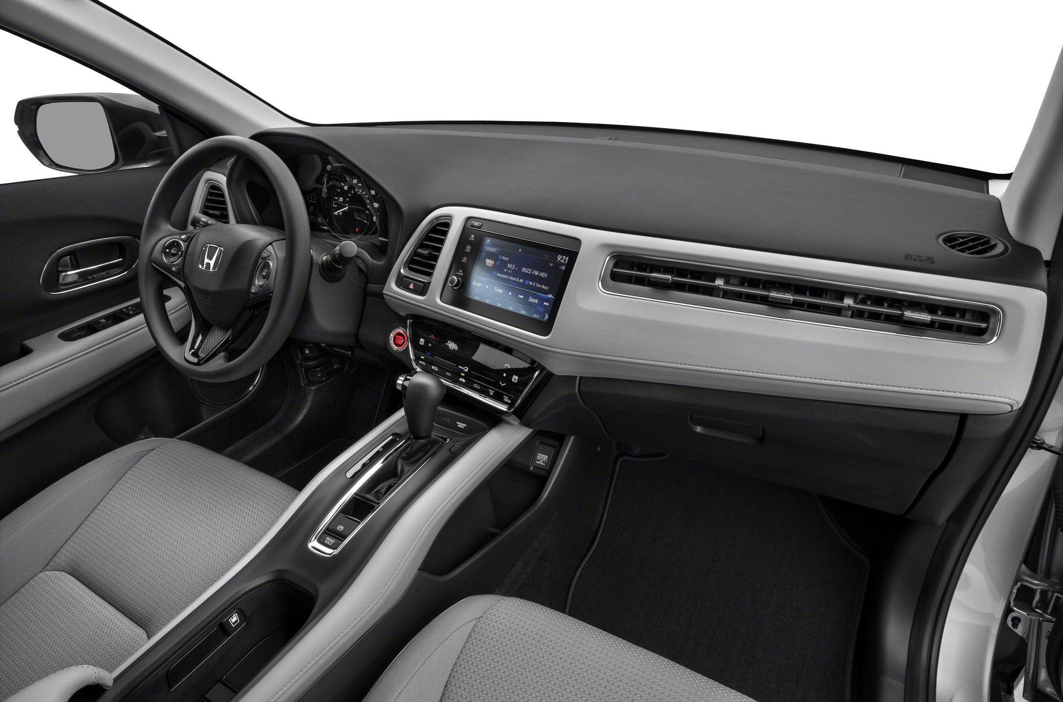 Modern dashboard and infotainment system with steering wheel and center console