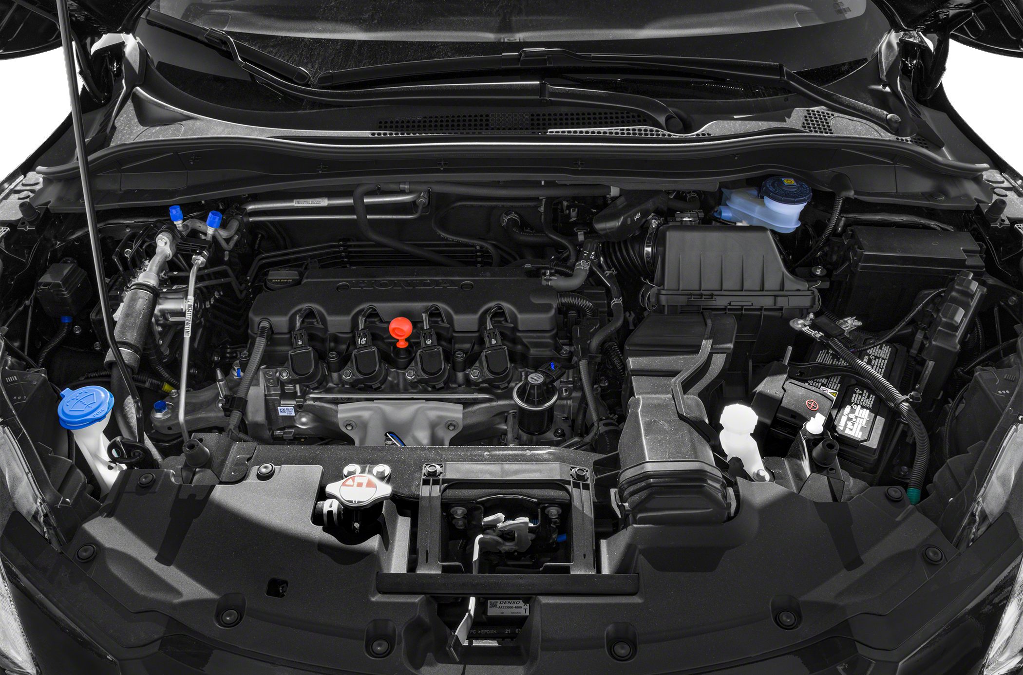 Compact engine bay layout with highlighted caps and components