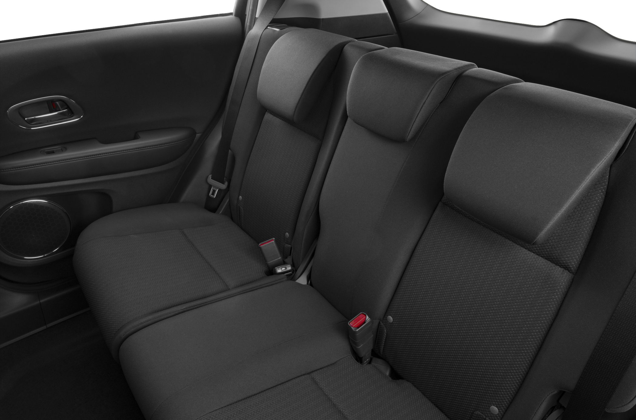 Rear bench seat with black cloth upholstery and seat belts