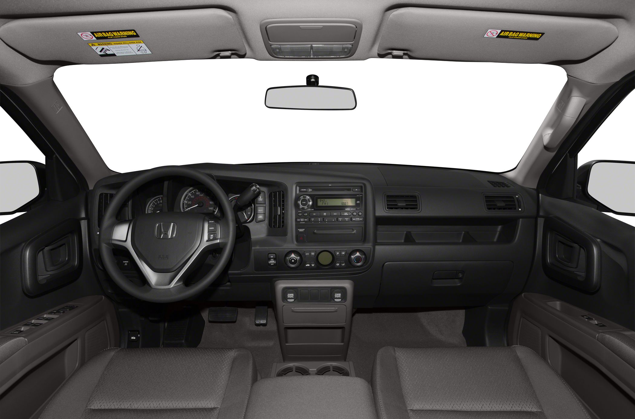 Dashboard, steering wheel, and center console interior view