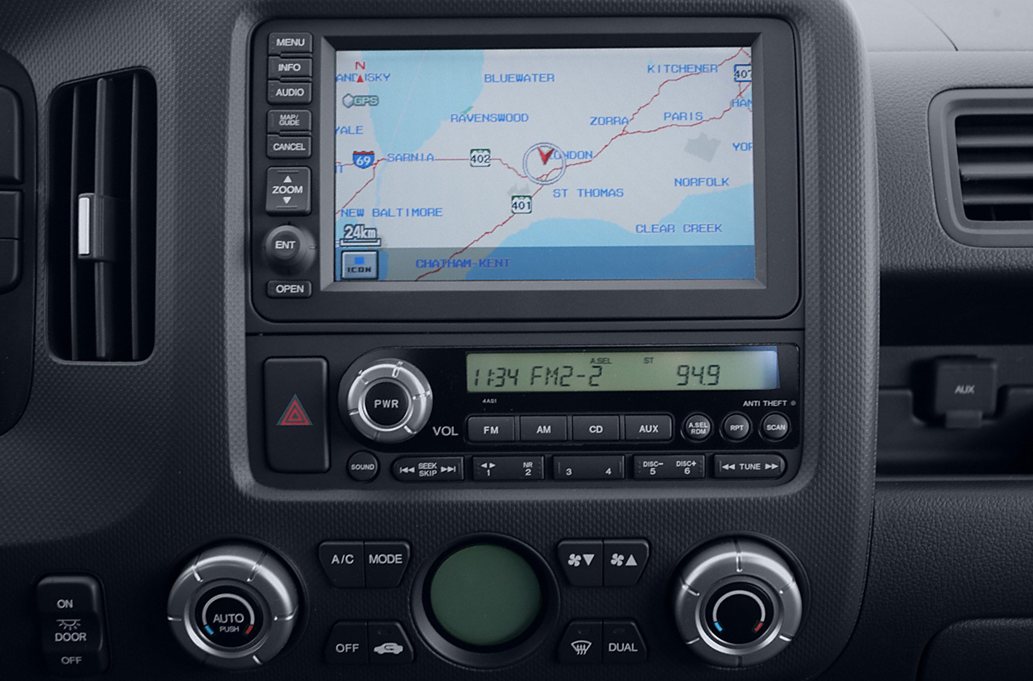 In-dash GPS navigation and dual-zone climate control interface