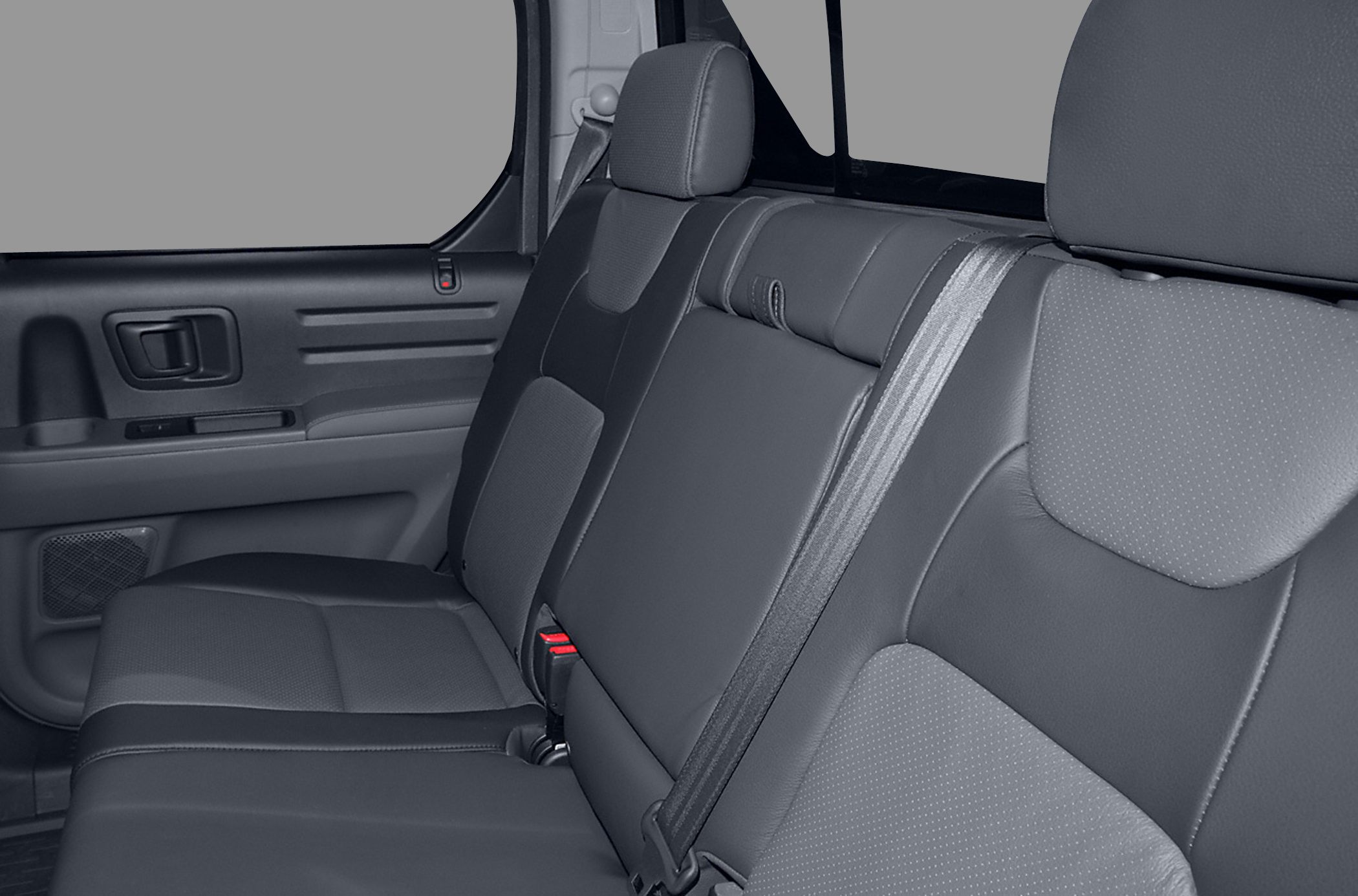 Rear passenger seat with upholstery, seat belt, and door panel details