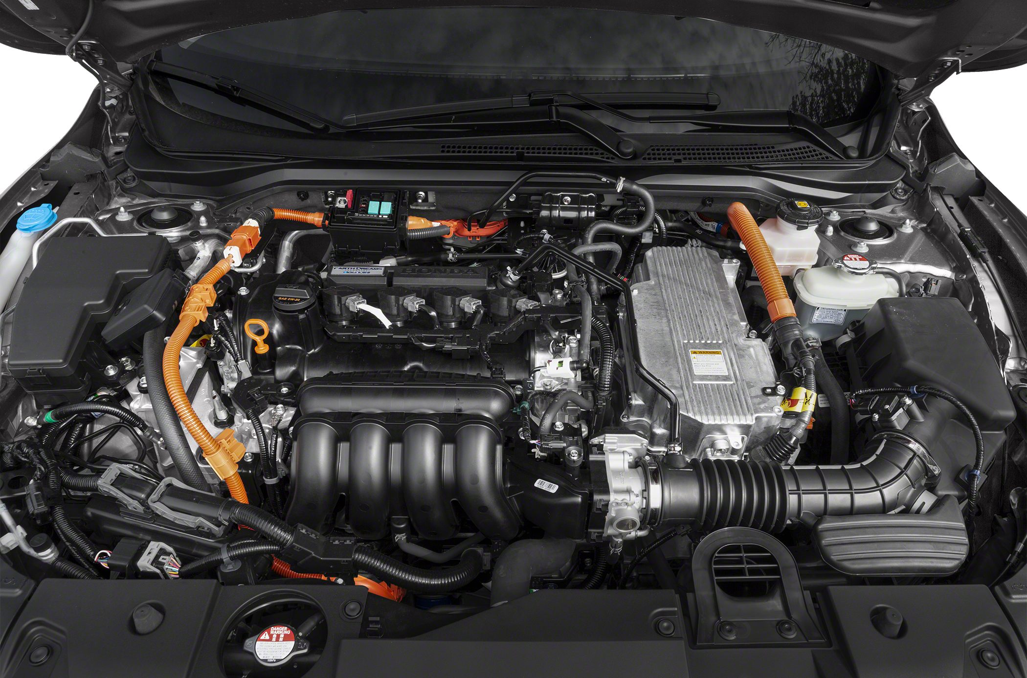 Hybrid engine bay with orange high-voltage cables and intake manifold