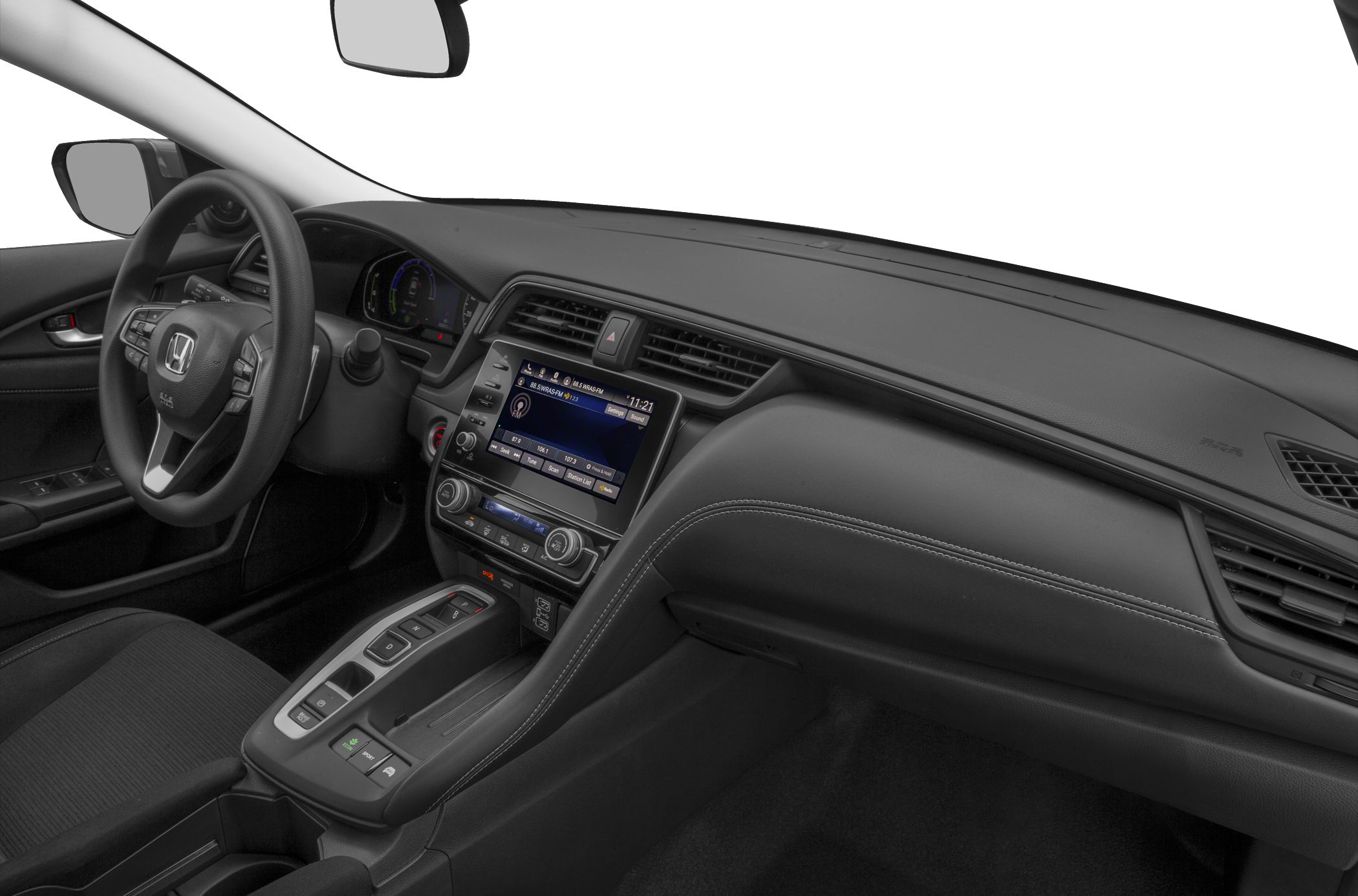 Car interior dashboard with infotainment system and steering wheel controls