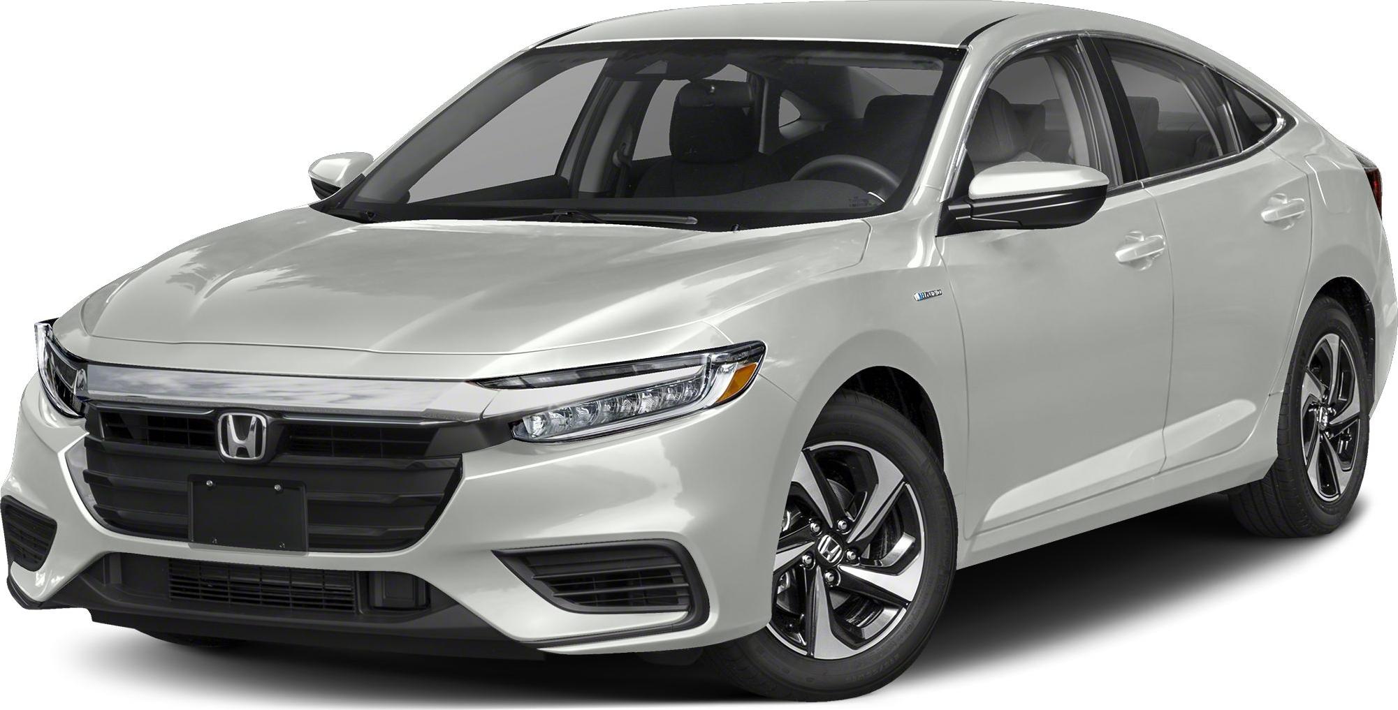 Hybrid sedan front-side view with sharp LED headlights and aerodynamic design