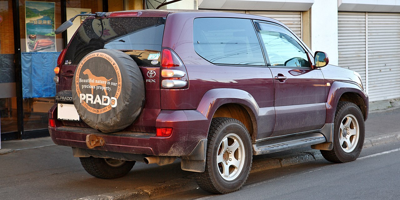 Rear side view with spare tire and off-road tires