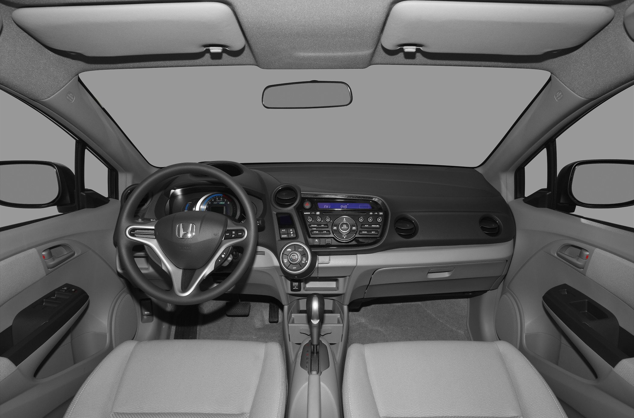 Dashboard and steering wheel interior view with center console gear shift