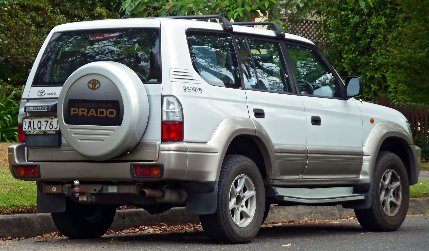SUV rear view with spare tire on tailgate and side step