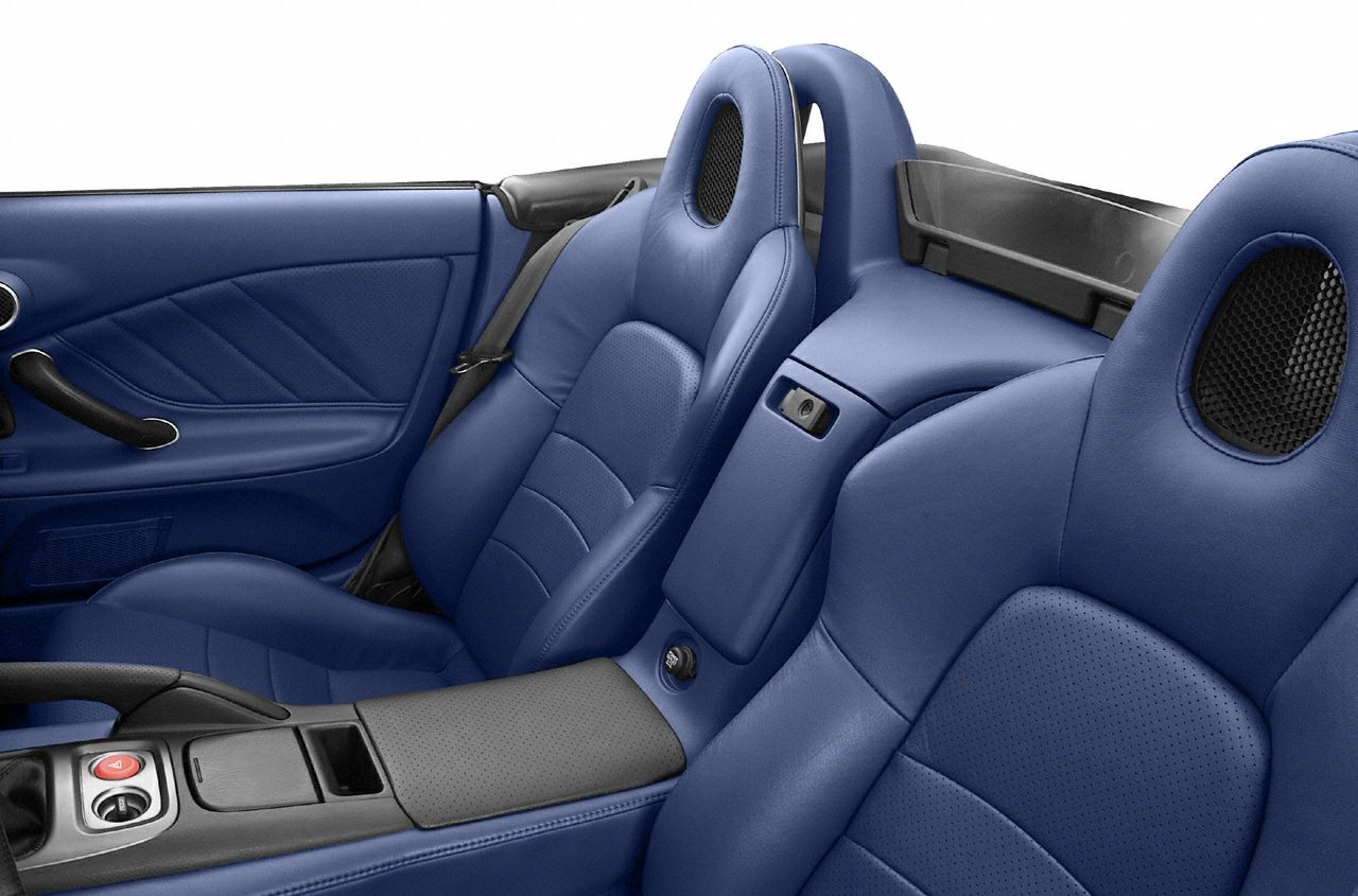 Blue leather bucket seats and center console in sports car interior