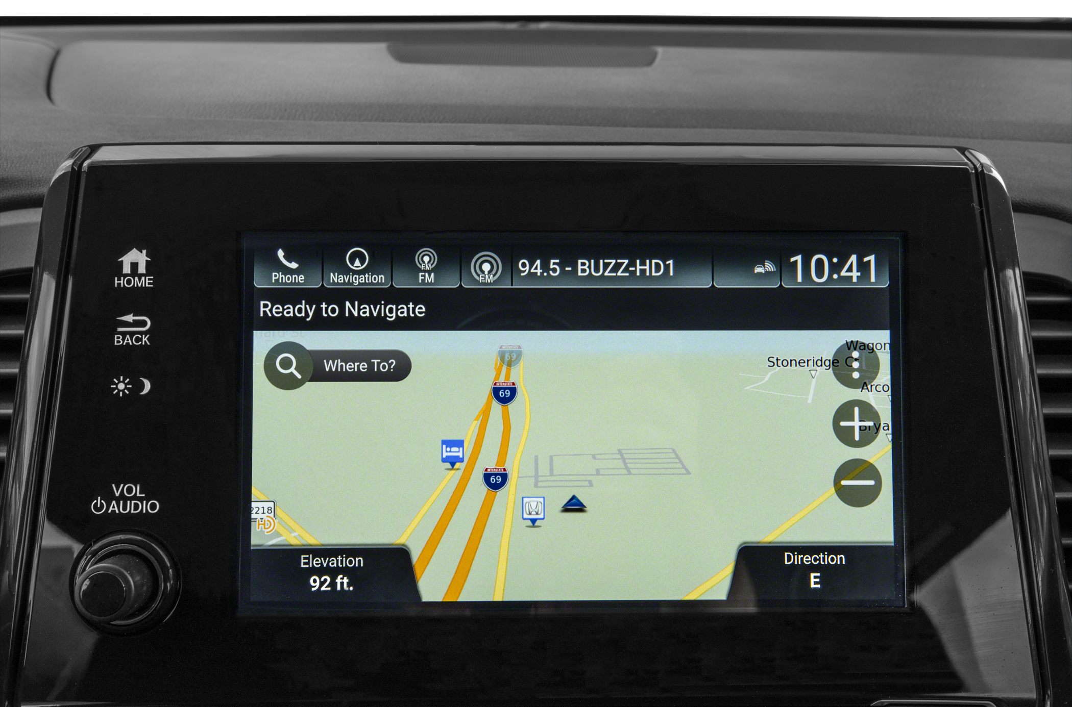 Car GPS navigation screen with audio and control buttons