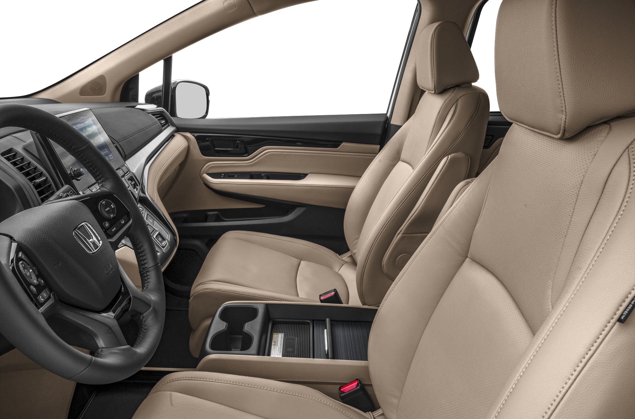 Beige leather seats and modern dashboard with center console and cup holders
