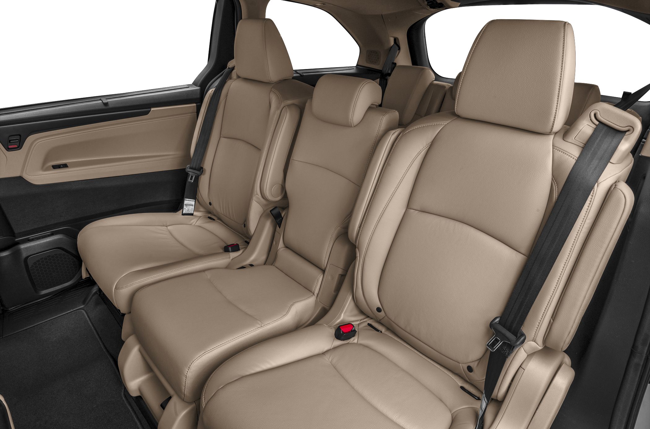 Tan leather captain seats with armrests and seatbelts
