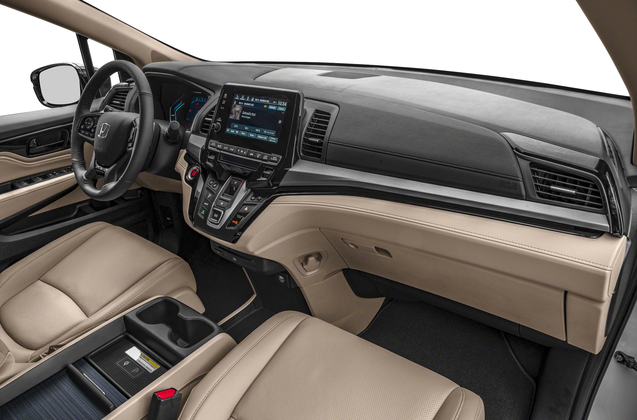 Beige leather interior with dashboard, touchscreen, steering wheel controls