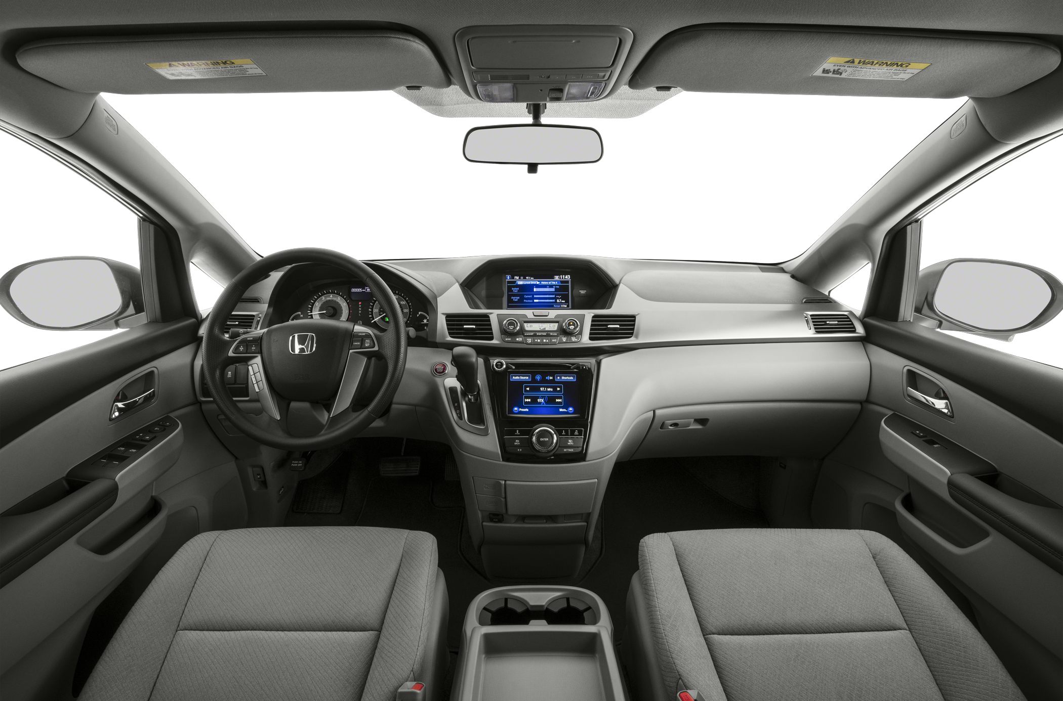 Dashboard, steering wheel, digital displays, and front seats interior view