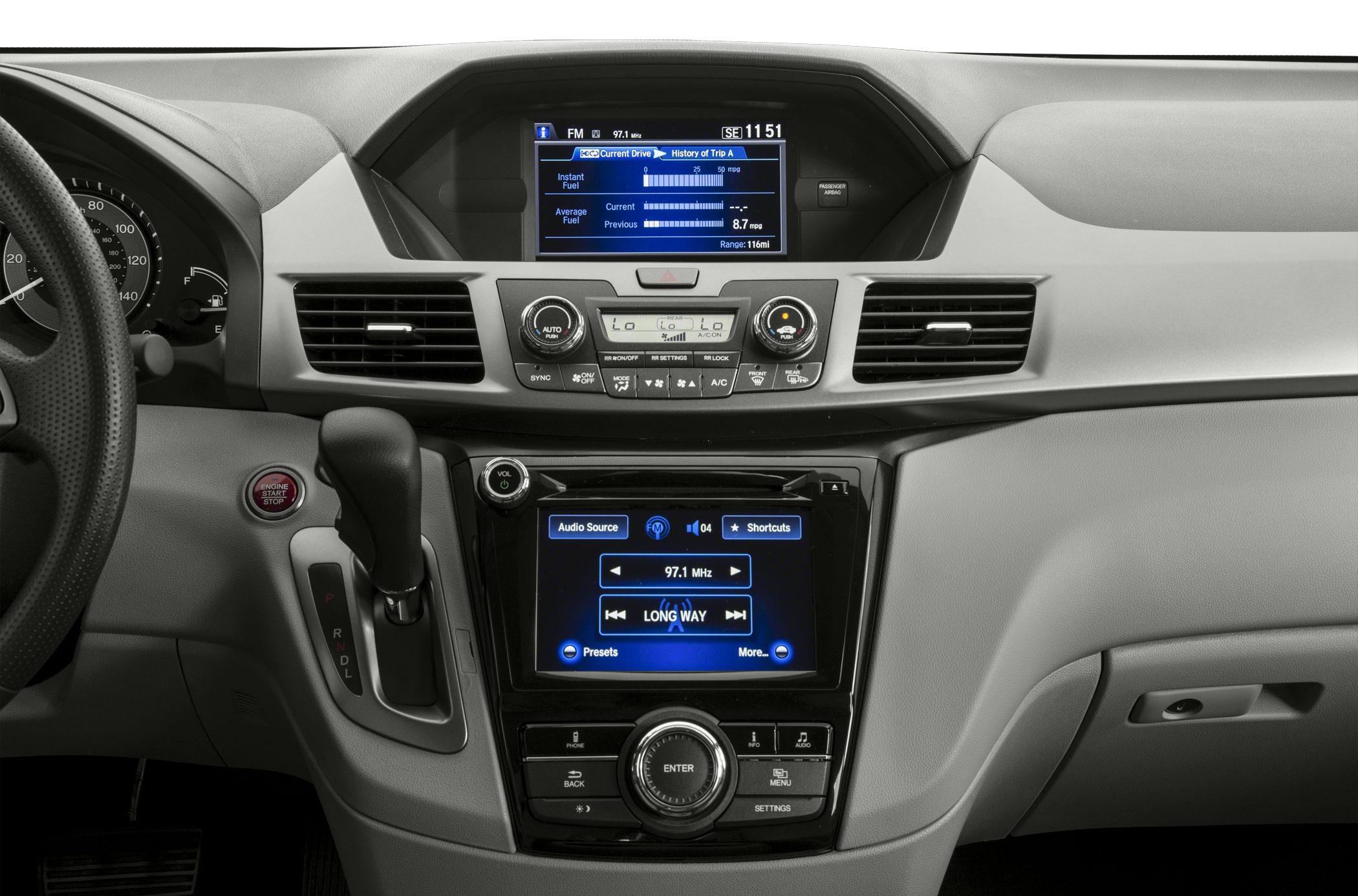 Dashboard with dual digital displays and gear shifter