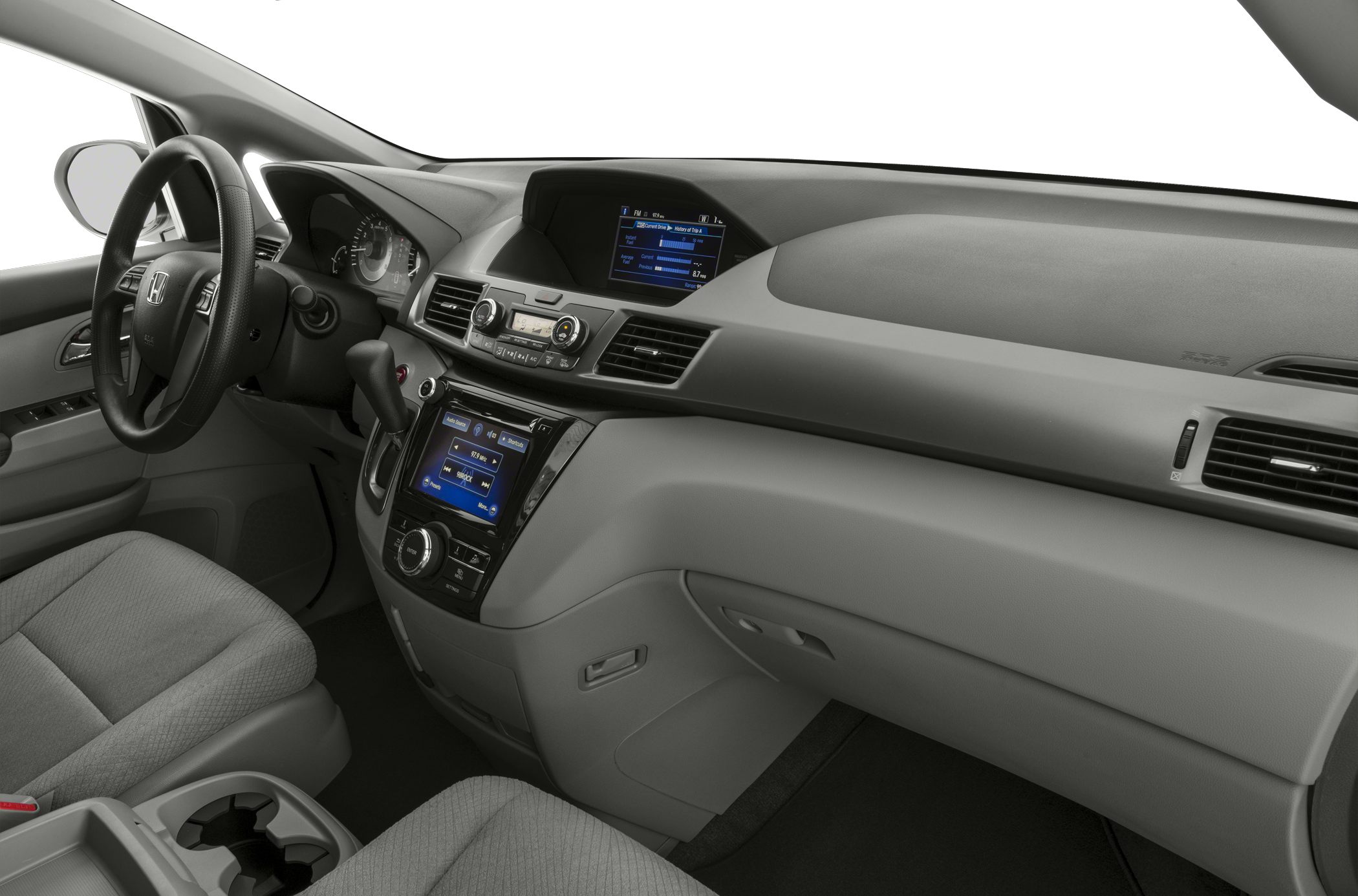 Dashboard and infotainment system with steering wheel and passenger seat