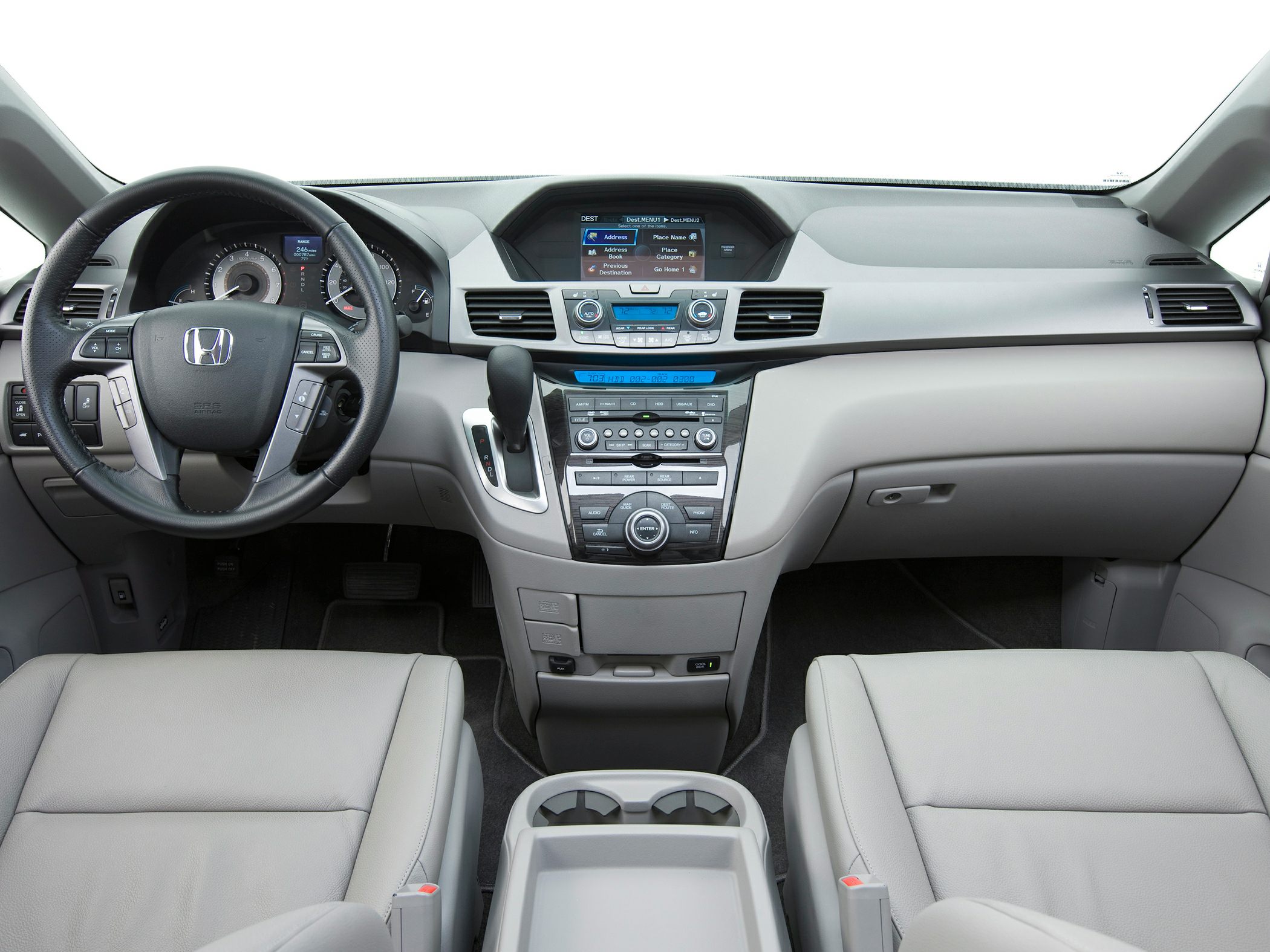 Dashboard with infotainment screen and multifunction steering wheel